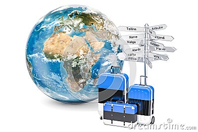 Estonia travel concept. Suitcases with Estonian flag, signpost a Stock Photo