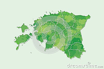 Estonia watercolor map vector illustration of green color with border lines of different regions or provinces on light background Vector Illustration