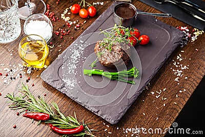 Estonian beef tenderloin steak. Delicious healthy traditional food closeup served for lunch in modern gourmet cuisine Stock Photo