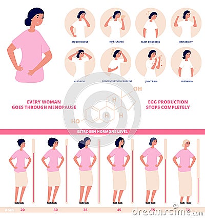 Estrogen hormone level. Hormones diagram, female natural biological life chart. Medical menopause age levels, gynecology Vector Illustration