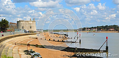 Estuary of the river Deben at Felixstowe Ferry with Martello Tower. Stock Photo