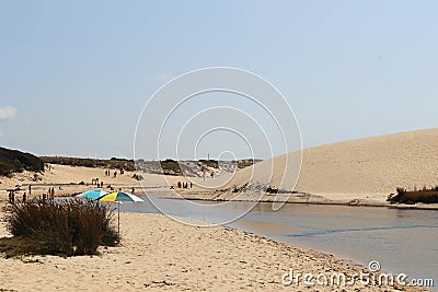 An estuary sea water and stream water sand dune background on moliets beach. Summer vacation in huchet France. Stock Photo