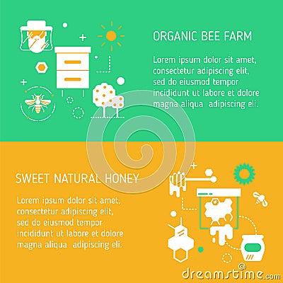 Et of two flyers for honey farm. Harvesting and gathering honey. Modern linear style in bright attractive colors. Vector Illustration