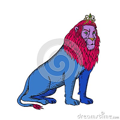 Blue Lion Sitting Wearing Tiara Crown Etching Vector Illustration