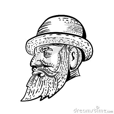 Hipster Wearing Bowler Hat Etching Black and White Vector Illustration