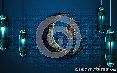 Ramadan kareem beautiful greeting card blue with arabic calligraphy calligraphy with hanging ramadan Vector Illustration