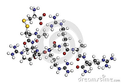 Etelcalcetide drug molecule. 3D rendering. Atoms are represented as spheres with conventional color coding: hydrogen (white), Stock Photo