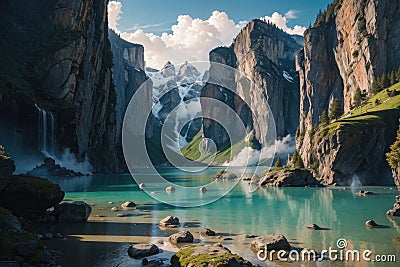 Eternal Beauty: A Scenic Blend of Mountains, Lake, and Blue Sky Stock Photo