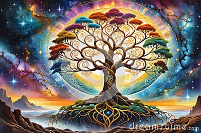 Eternal Connection: Majestic Tree of Life, Roots Deep Within Terrestrial Realm, Branches Reaching into the Heavens Stock Photo