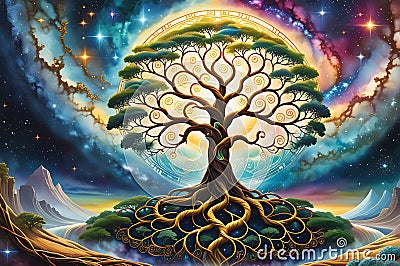 Eternal Connection: Majestic Tree of Life, Roots Deep Within Terrestrial Realm, Branches Reaching into the Heavens Stock Photo