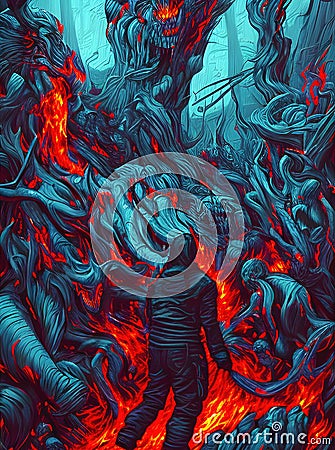 Eternal fire of hell with damned souls and devil, generative ai Cartoon Illustration