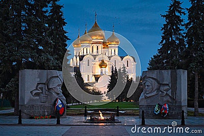 Eternal Flame memorial in Yaroslavl city with the Assumption Cathedral view Editorial Stock Photo