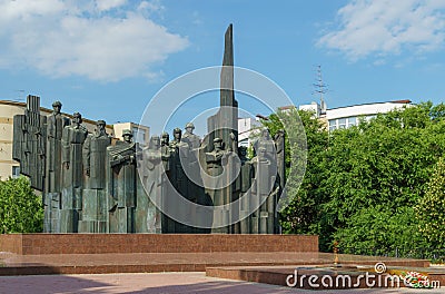 Eternal flame on Victory Square in Voronezh. Memorial complex with a sculptural composition of 12 figures Editorial Stock Photo