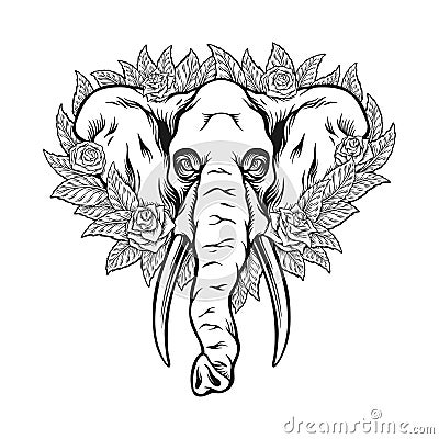 Eternal muerte elephant floral monochrome Vector Illustration