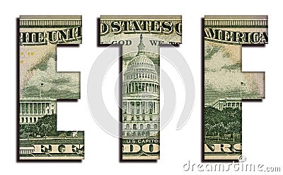 ETF Exchange Traded Fund Abbreviation Word 50 US Real Dollar Bill Banknote Money Texture on White Background Stock Photo