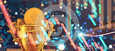 ETH coin with blurred candlestick chart in the background. Ethereum is a decentralized, open-source blockchain with smart contract Editorial Stock Photo