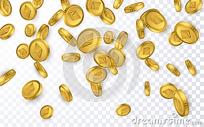 ETH. Ethereum gold coins explosion isolated on transparent background. Cryptocurrency concept. Vector illustration Vector Illustration