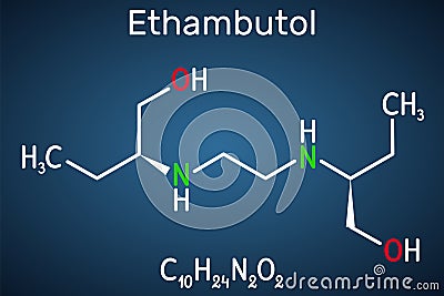 EthambutolÐµ, EMB molecule. It is bacteriostatic agent used for treatment of tuberculosis. Structural chemical formula on the dark Vector Illustration