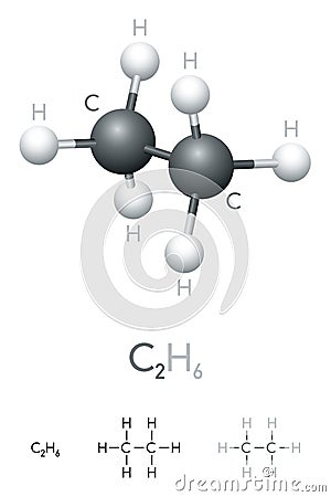 Ethane, C2H6, molecule model and chemical formula Vector Illustration