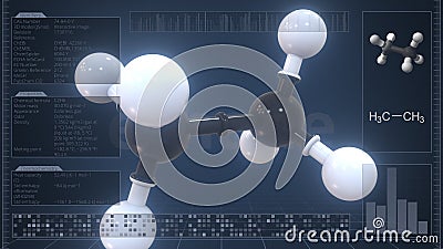 Ethane molecule with description on the computer screen, 3d rendering Stock Photo