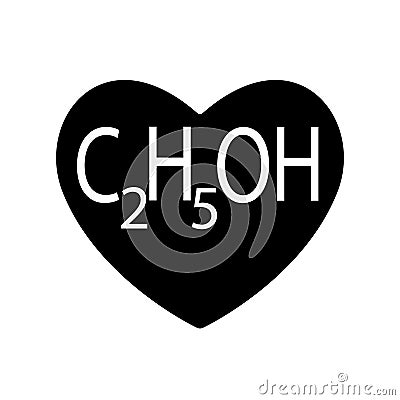 Ethanol or alcohol, ethyl is found in black heart for Valentines day, beverages produced by the fermentation of sugars by yeasts. Vector Illustration