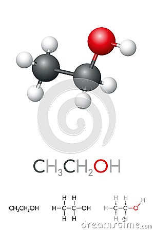Ethanol, CH3CH2OH, ethyl alcohol, molecule model and chemical formula Vector Illustration