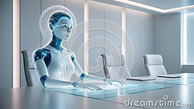 Ethereal ai guardian represented as a holographic robot overseeing development of ethical algorithms Stock Photo