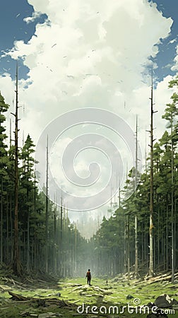 Ethereal Anime Forest With Flattened Perspective And Realistic Brushwork Stock Photo