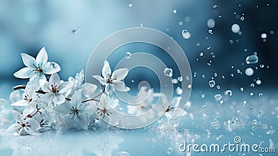 Delicate flowers bathed in a shimmering rain, reflecting light in a dreamy blue ambiance. Stock Photo