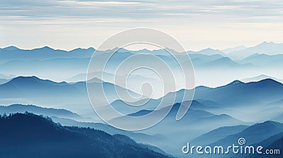 Ethereal mountain peaks enveloped in a soft, misty fog at dawn Stock Photo