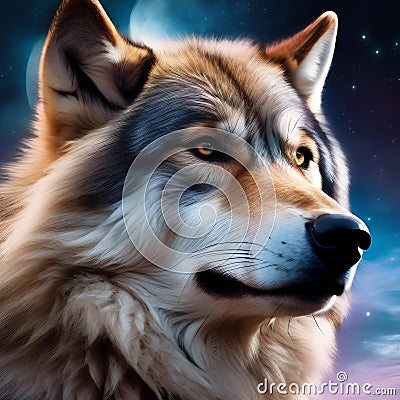 An ethereal, celestial wolf with fur made of nebulae, howling beneath a cosmic full moon5 Stock Photo