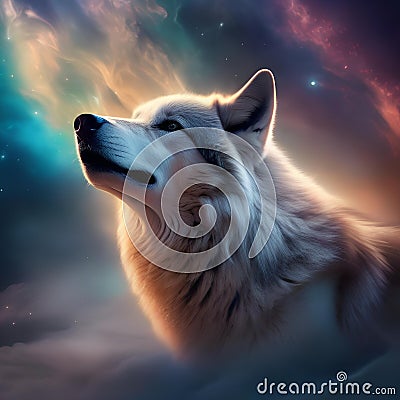 An ethereal, celestial wolf with fur that shimmers with the colors of the nebulae, howling amidst cosmic storms5 Stock Photo