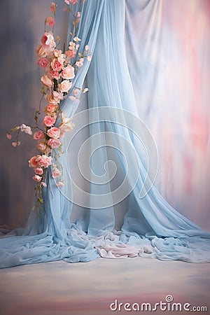 Ethereal Cherry Blossoms and Draping Silk Fabric Stock Photo