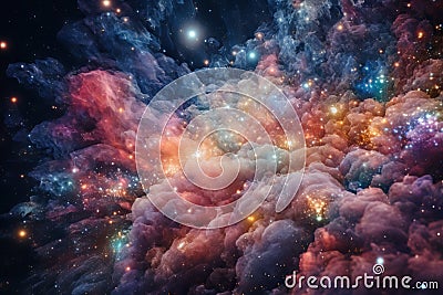 Ethereal clouds of colorful nebulae amidst a dazzling starscape, set in the vast expanse of the universe. Stock Photo