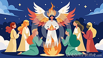 An ethereal drawing of a group of angels gathered around a heavenly fire as one of them recites a celestial poem about Vector Illustration