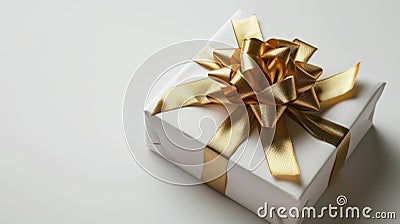 Ethereal Elegance, A Gleaming White Box Adorned With a Lustrous Golden Bow, a Gift of Pure Delight Stock Photo