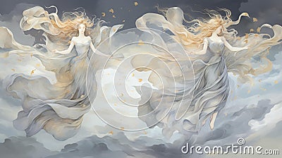 Ethereal Elegance: Graceful Fallen Angels in a Celestial Oasis Cartoon Illustration