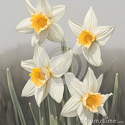 Ethereal Elegance - Watercolor Daffodils in Soft Hues Stock Photo