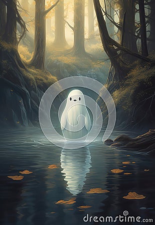 Ethereal Encounter: Kawaii Ghost Amidst the Enchanted Grove Stock Photo