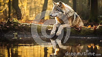 Ethereal Encounter: Solitary Wolf and Its Reflection Stock Photo