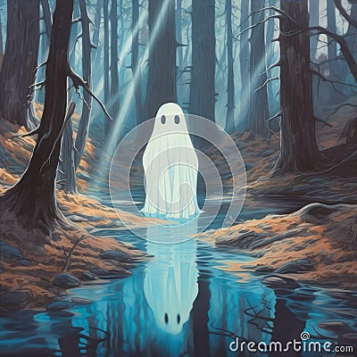 Ethereal Encounters: Kawaii Ghost in the Enchanted Woods Stock Photo