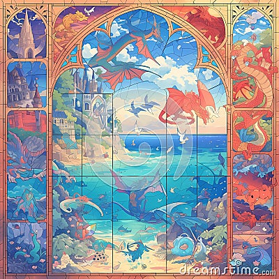 Ethereal Fantasy Stained Glass Window Stock Photo