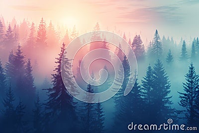 Ethereal forest scene with a soft pink sunrise and silhouetted evergreens shrouded in mist Stock Photo