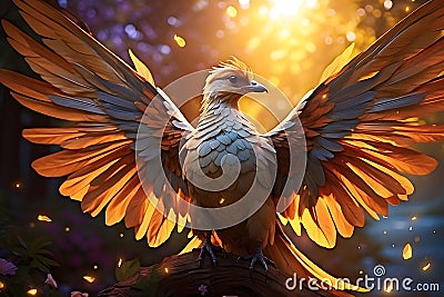 Ethereal Gaze: Mythical Fantasy Bird with Vibrant Glowing Colors on Abstract Art Background Stock Photo