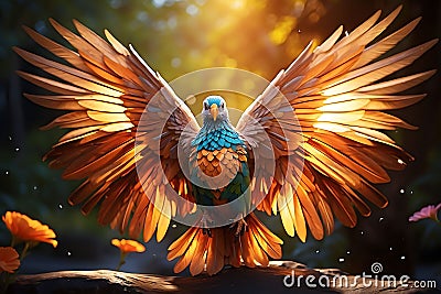 Ethereal Gaze: Mythical Fantasy Bird with Vibrant Glowing Colors on Abstract Art Background Stock Photo