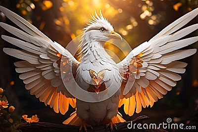 Ethereal Gaze: Mythical Fantasy Bird with Vibrant Glowing Colors on Abstract Art Background Stock Photo