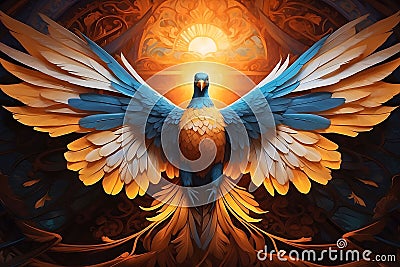 Ethereal Gaze: Mythical Fantasy Bird with Vibrant Glowing Colors on Abstract Art Background Stock Photo
