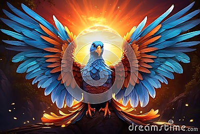 Ethereal Gaze: Mythical Fantasy Bird with Vibrant Glowing Colors on Abstract Art Background Stock Photo