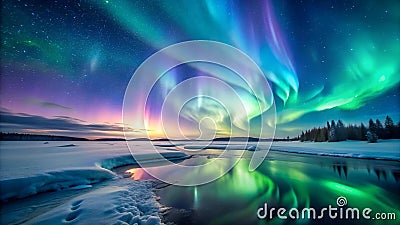 The ethereal glow of the Aurora Borealis illuminates the vast snow-covered landscape creating a mesmerizing spec generative AI Stock Photo