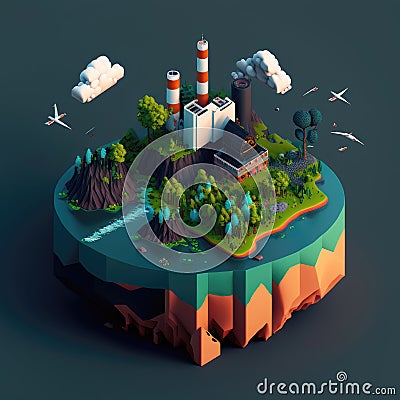 Ethereal green island floating in the sky, complete with a mountain, a river, and a waterfall. Fantasy island design abstracted in Stock Photo